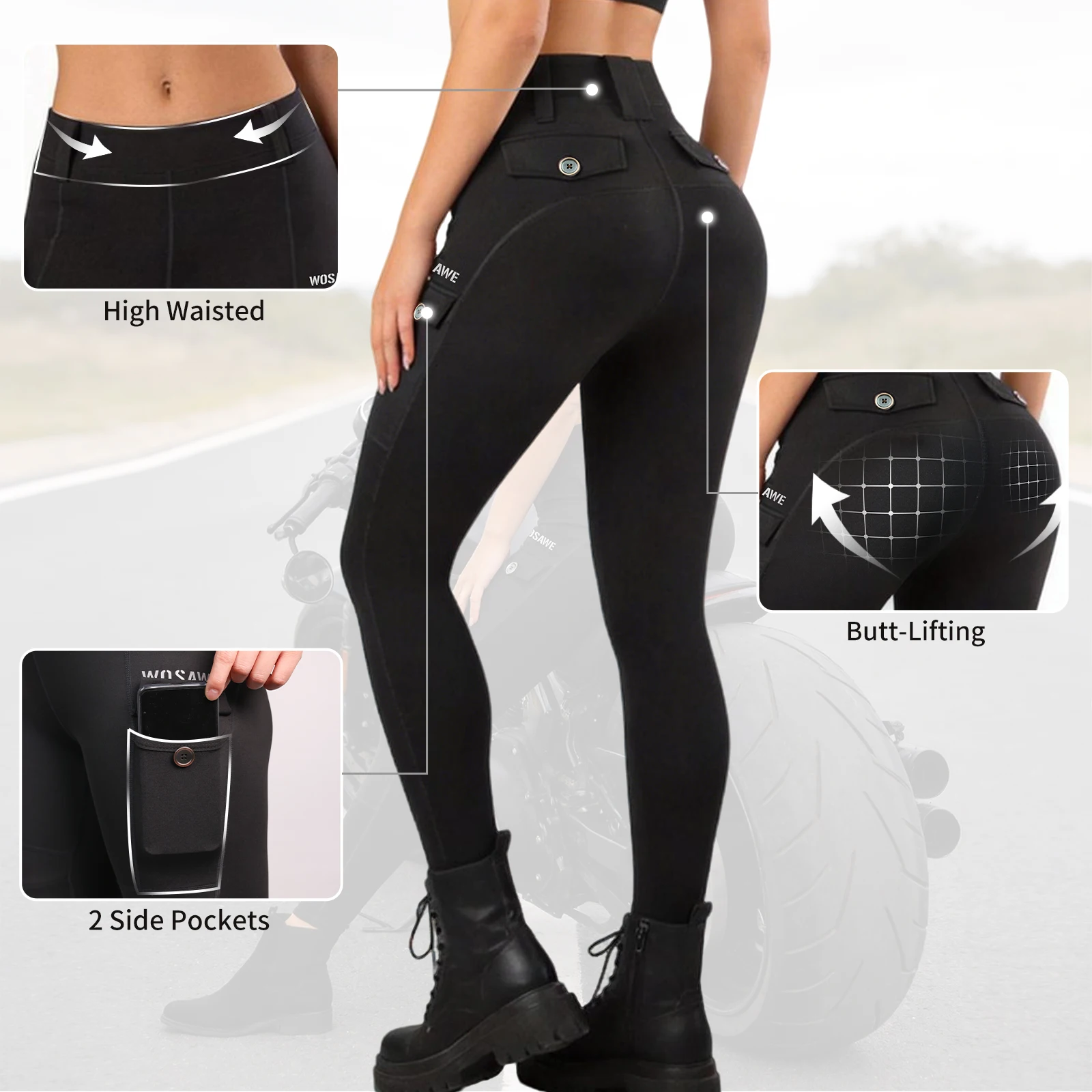 WOSAWE 여성 슬림 탄성 오토바이 바지 오프로드 야외 라이딩 바지 무릎 패드가 있는 캐주얼 러닝 스포츠 바지