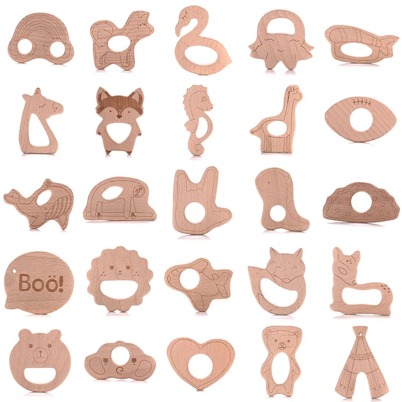 Teething Toys Baby Teething Toys 3/4/5Pcs/Lot Wooden Beech Teething Cute Cartoon Animal Shaped Teether Pacifier Chain