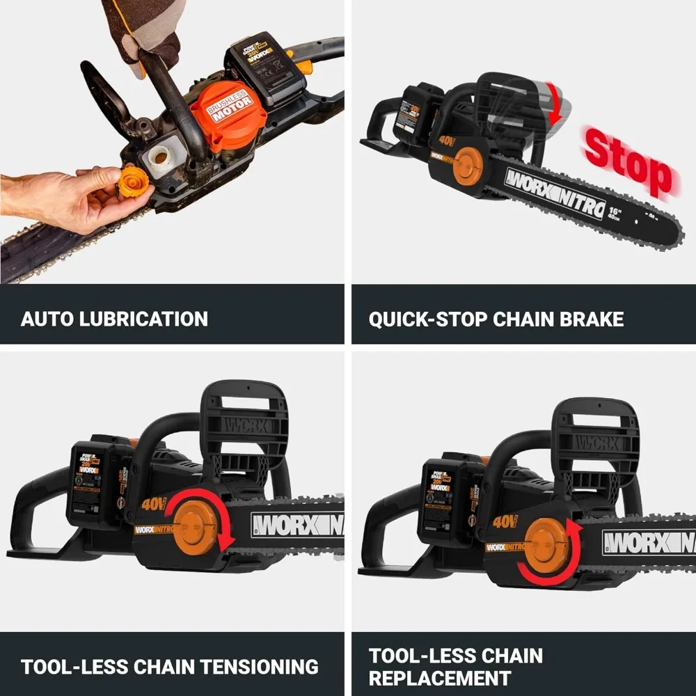 40V 16" Cordless Chainsaw WG385 Power Share Battery Chainsaw 59 ft/s Chain Speed Dual Safety Protection 5