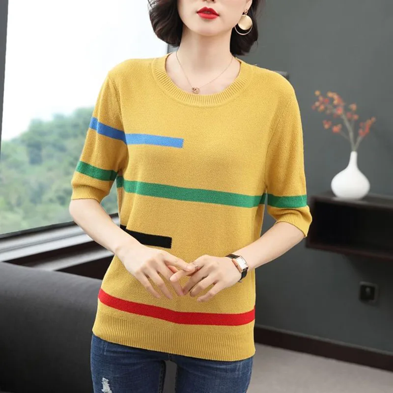 

Fashion O-Neck Spliced Korean Striped Blouse Women's Clothing 2023 Spring New Oversized Casual Pullovers Half Sleeve Shirt
