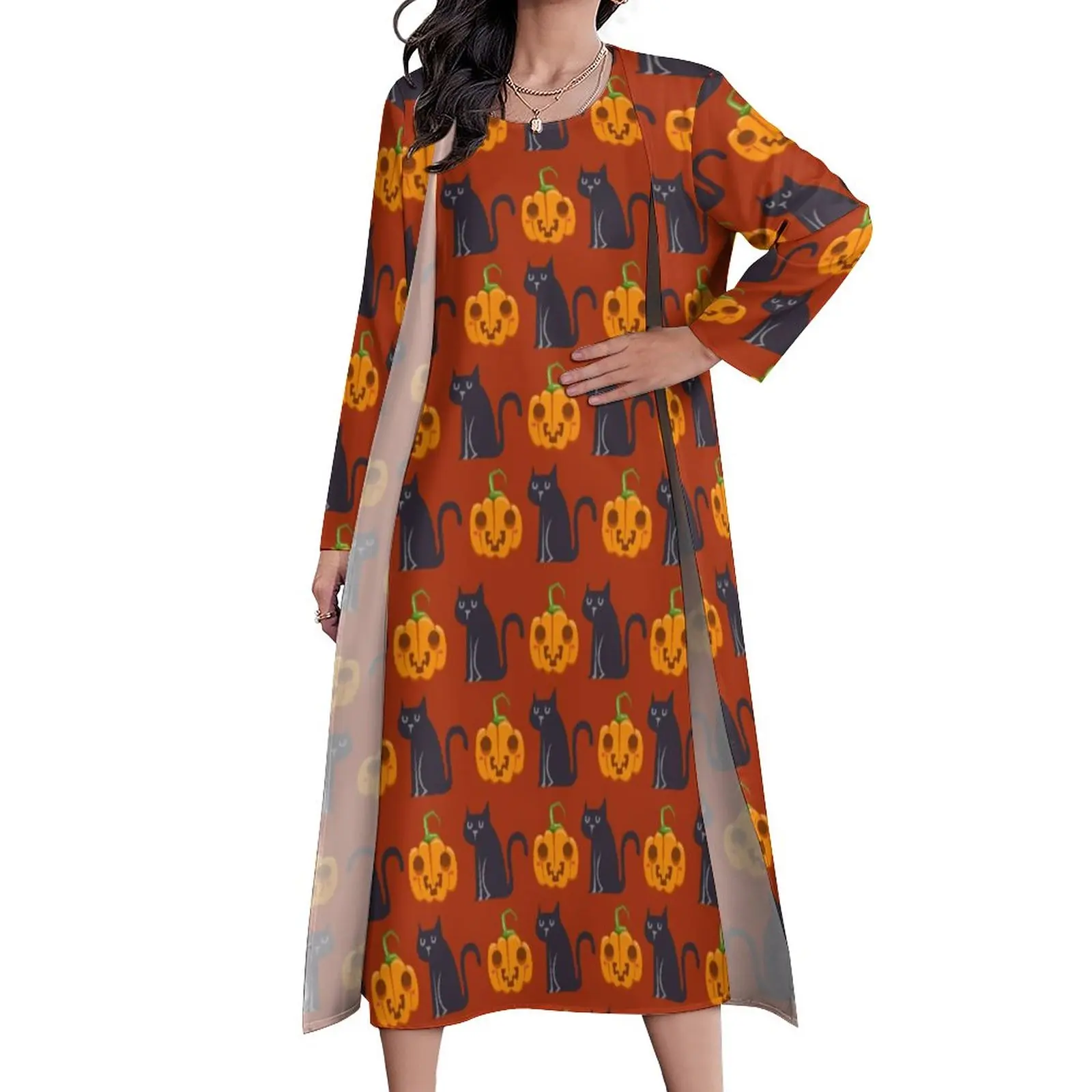 

Halloween Cats Dress Cute Pumpkins Print Kawaii Maxi Dress Street Wear Bohemia Long Dresses Woman Two Piece Big Size Clothes