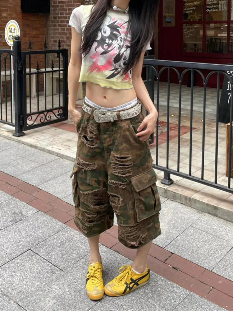 Women's Hole Camouflage Fake Two Piece Splic Shorts Young Girl