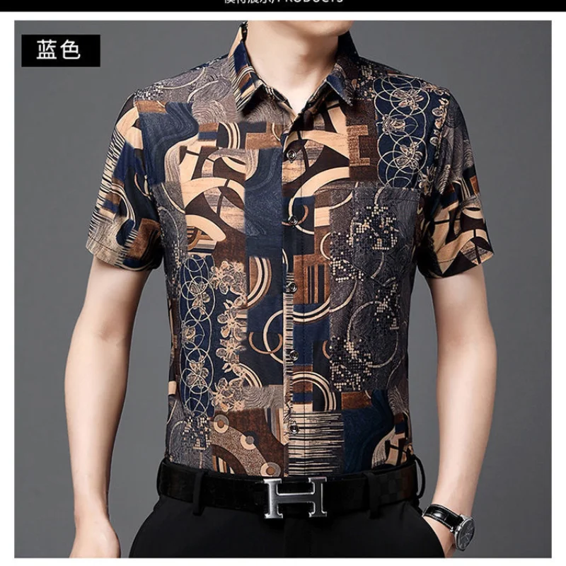 Men's Smart Casual Print Button Blouse Summer Short Sleeve Polo Neck Ice Silk Plus Size Shirt Tops Vintage Fashion Men Clothing