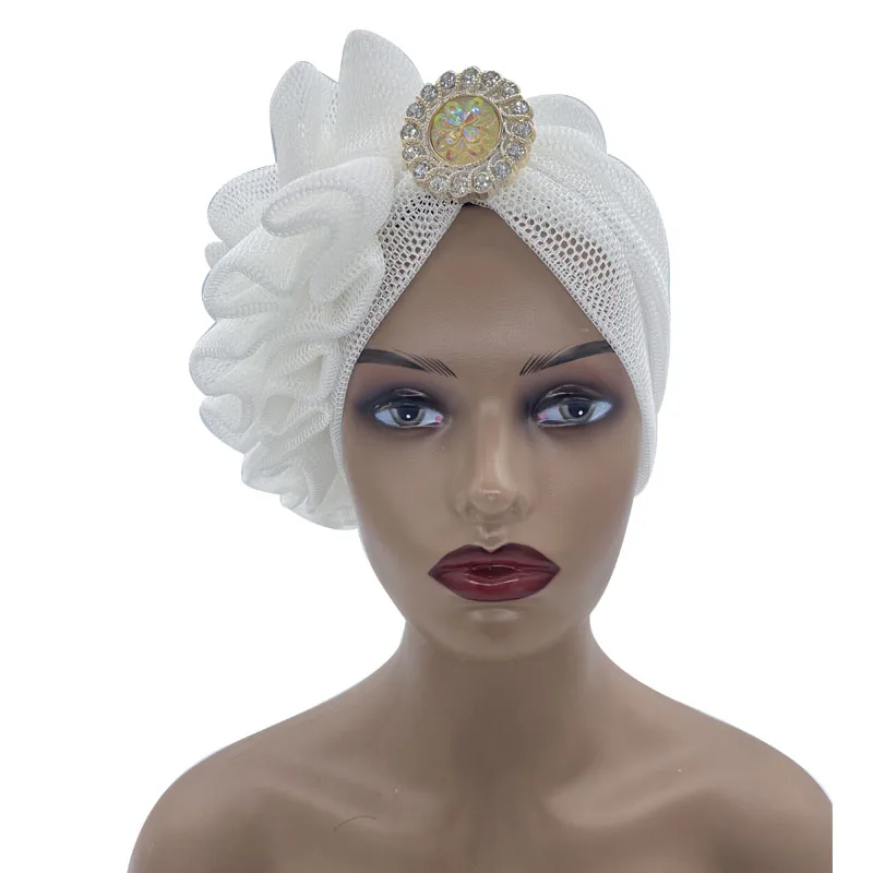 Breathable Summer Mesh African Headtie Rhinestone Laminated Turban Hat Nigeria Auto Geles Already Made Headgear Afri