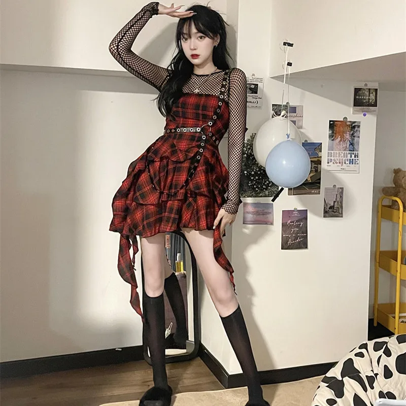 Gothic Lattice Trend Sexy Backless Strap Autumn Dress New Halloween Costume Mini Dress Gothic Lolita Punk Girl Plaid Dress