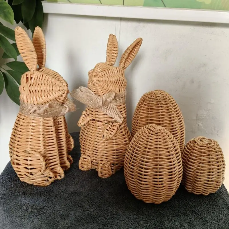 Rattan Easter Bunny Eggs 5X Woven Easter Rabbit Eggs Spring Bunnies Decoration Statue For Home Farmhouse Desktop Tabletop Shelf