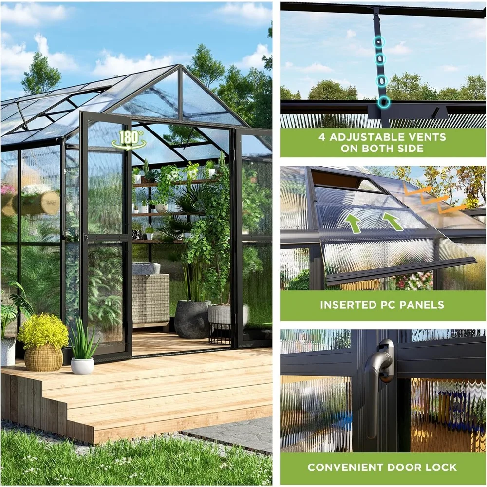 8x12x7.5 FT Polycarbonate Greenhouse Double Swing Doors 4 Vents 5.2FT Added Wall Height, Walk-in Large Aluminum Greenhouse 5