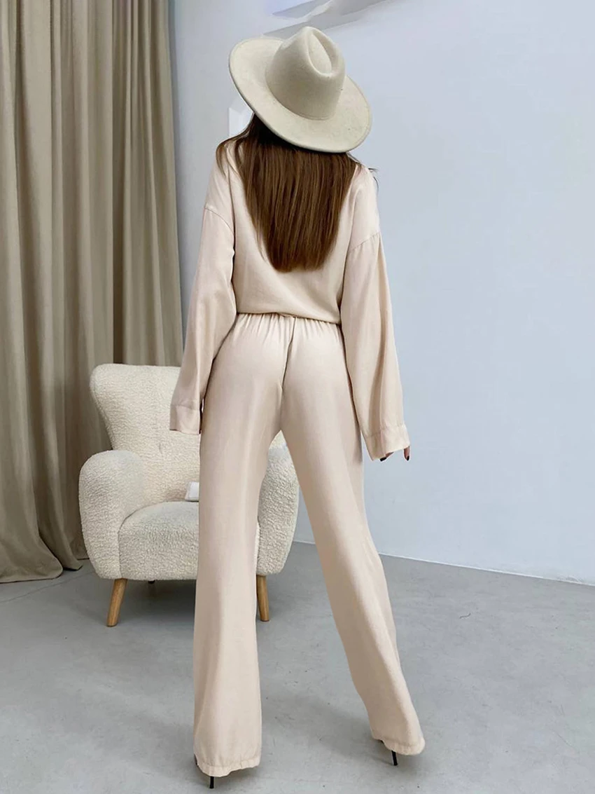Marthaqiqi Casual Women Nightgowns 2 Piece Set Long Sleeve Sleepwear Turn-Down Collar Nightwear Pants Loose Ladies Home Clothes