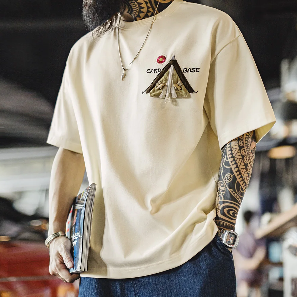 Maden Vintage Embroidered Patchwork Short Sleeves T-Shirt Men's Heavyweight Loose Cotton Tee Ribbed Crew Neck Retro Casual Tops