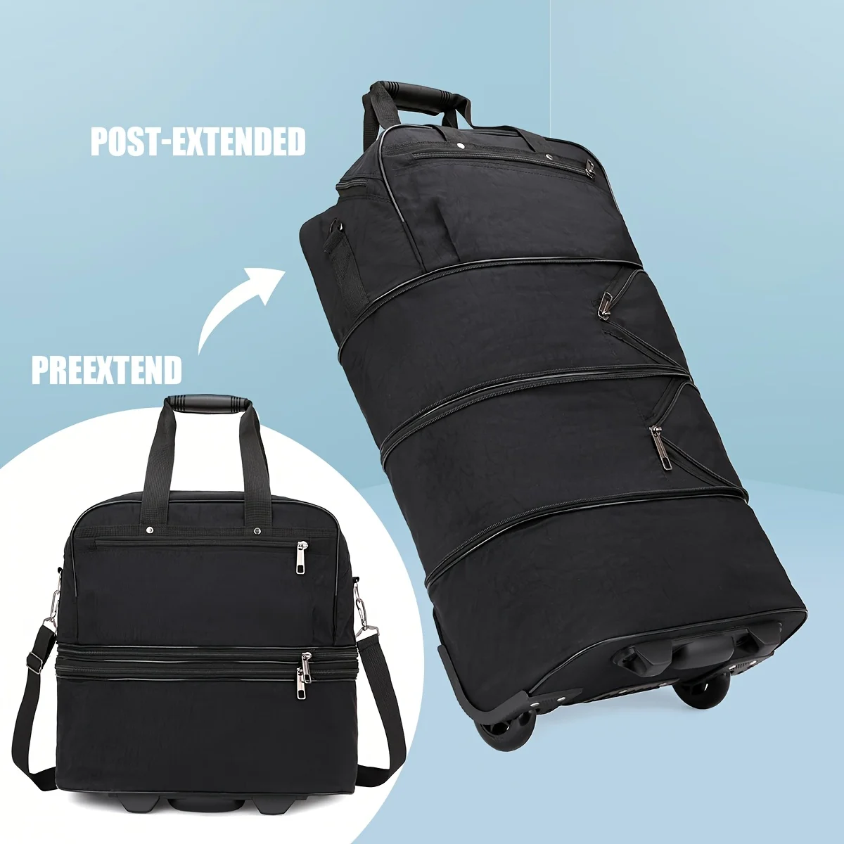 Faltbare Gepäcktasche mit großem Fassungsvermögen, tragbarer Koffer mit Rollen, versteckter Schultergurt, langlebiges Nylonmaterial für Reisen und Tragen