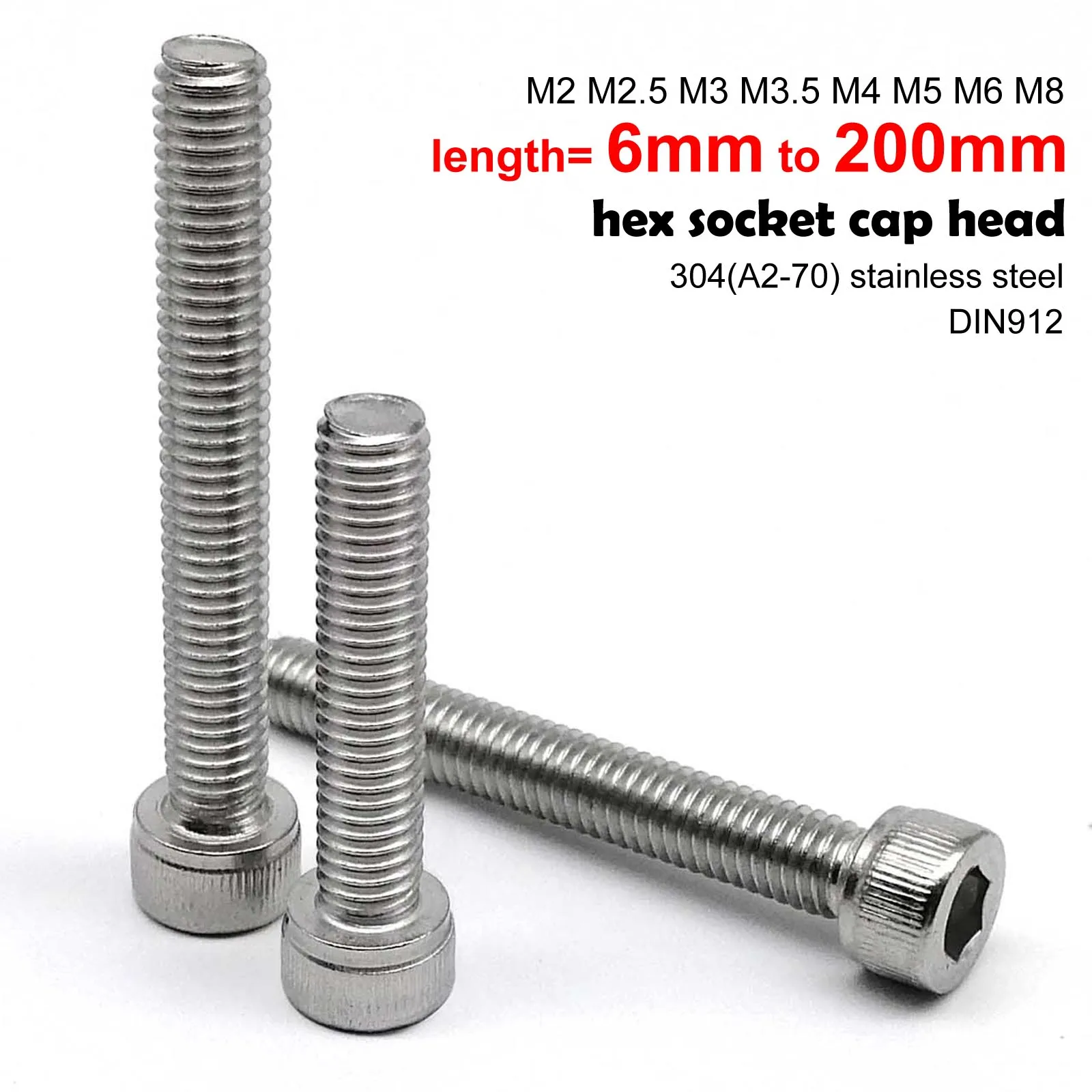Hex Socket Cap Screw M2 M2.5 M3 M3.5 M4 M5 M6 M8 304 A2 Stainless Steel DIN912 Hexagon Hex Socket Cap Allen Head Bolt Screw Lengthened Long 6-200mm