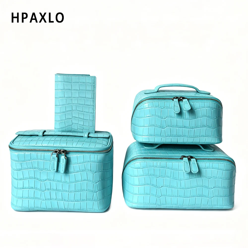 Top Grain Leather Crocodile Print Makeup Pouch Blue Wash Bag Woman Gifts Cosmetic Case Toiletry Holder Makeup Organizer Travel 5