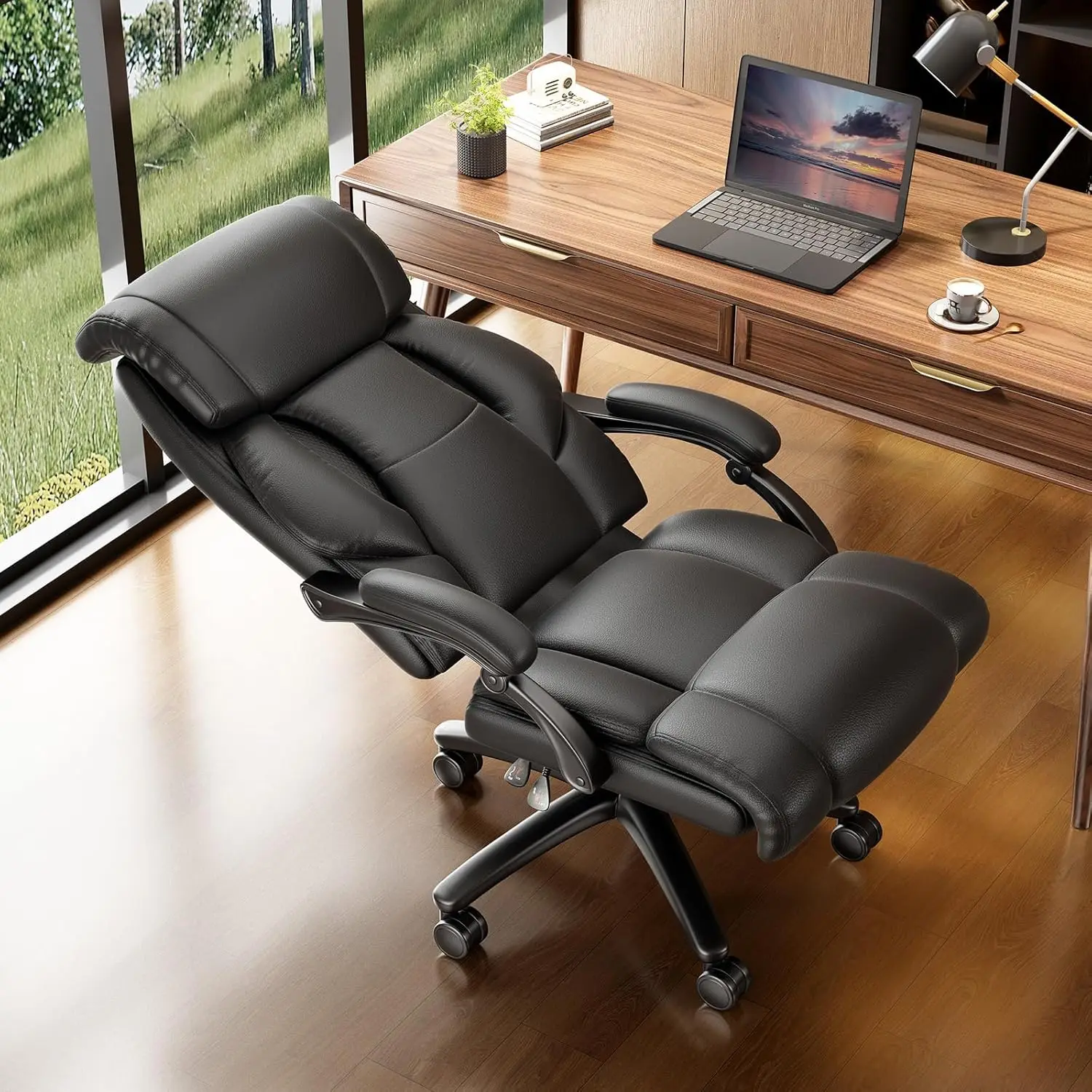 Reclining Office Chair, High Back Executive Office Chair 400lbs, Leather Home Office Desk Chairs with Lumbar Support, Black