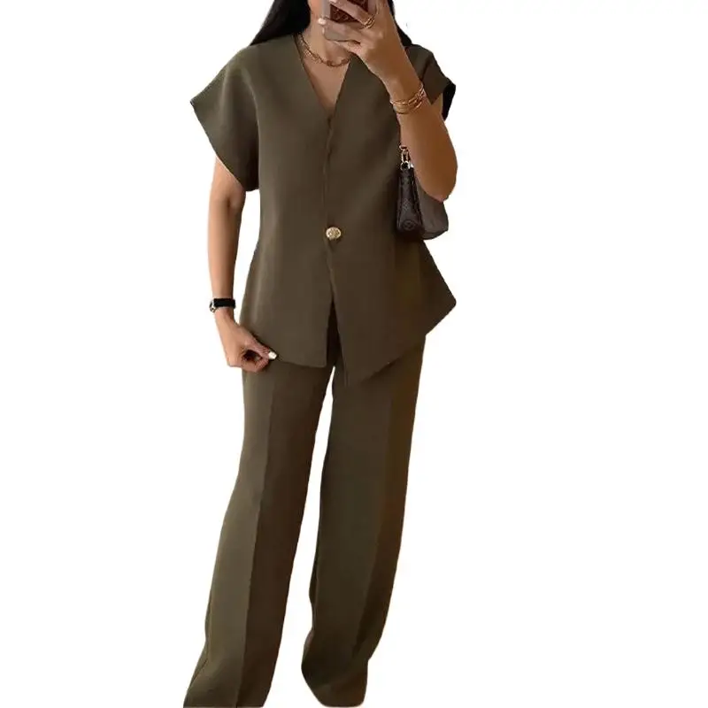 2025 موضة جديدة سليم بلوزة برقبة على شكل v + بنطال ذو قصة أرجل واسعة قطعتين مجموعات المرأة الصيف سترة غير رسمية بنطلون دعوى للنساء
