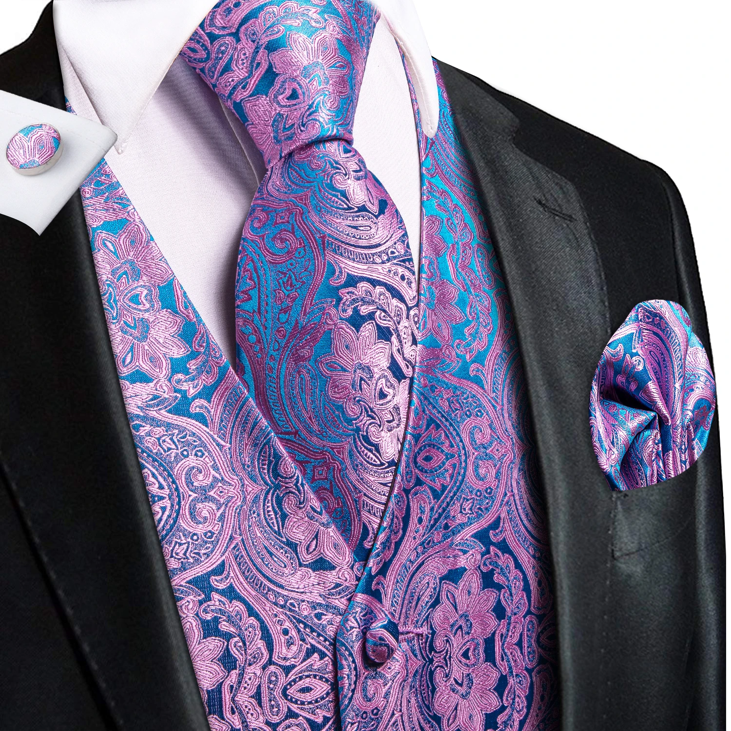 Wedding Purple Silk Men Vest Paisley Slim Fit Necktie Hankerchief Cufflinks Sets Male Sleeveless V-Neck Waistcoat Party Hi-Tie 2