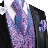 Wedding Purple Silk Men Vest Paisley Slim Fit Necktie Hankerchief Cufflinks Sets Male Sleeveless V-Neck Waistcoat Party Hi-Tie 2