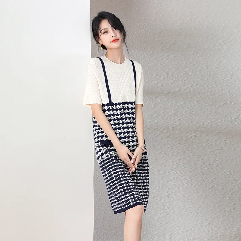 

Korean Fashion New Fake Two Piece Patchwork Knitting Robe Dress Loose Casual Simple Vestidos Female Clothing