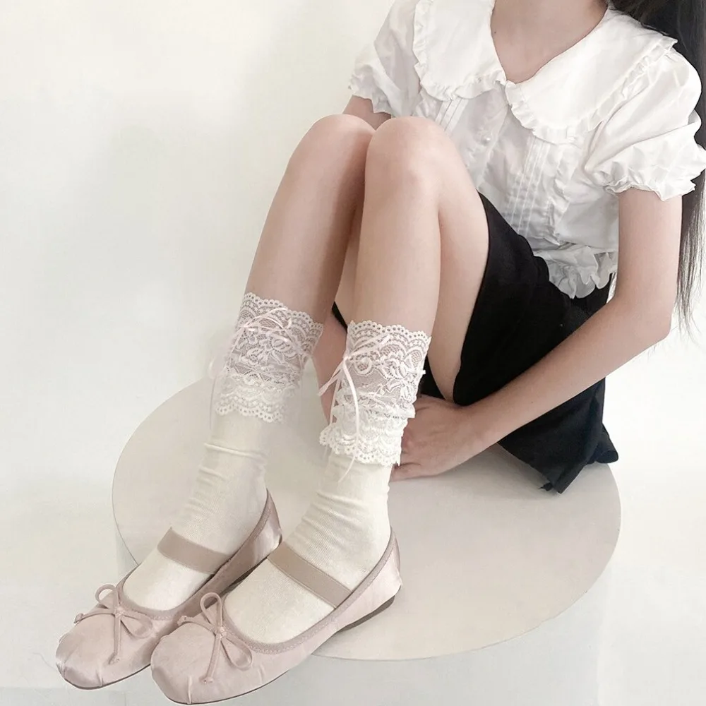 

JK Japanese Styles Bowknot Princess Women Socks Bandage Bows Kawaii Cute Long Socks Lolita Sweet Girls Ribbon Lace Ruffles Socks