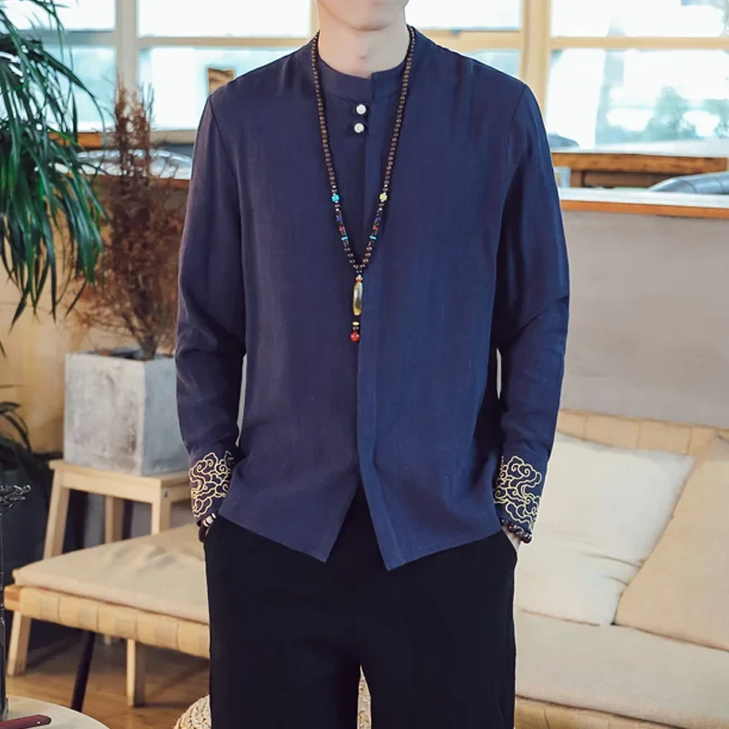 Long Sleeve Men's Shirt Embroidered Clouds Linen Chinese Style Fashionable plus Size Hanfu Men's Clothing Traditional Chinese Wi