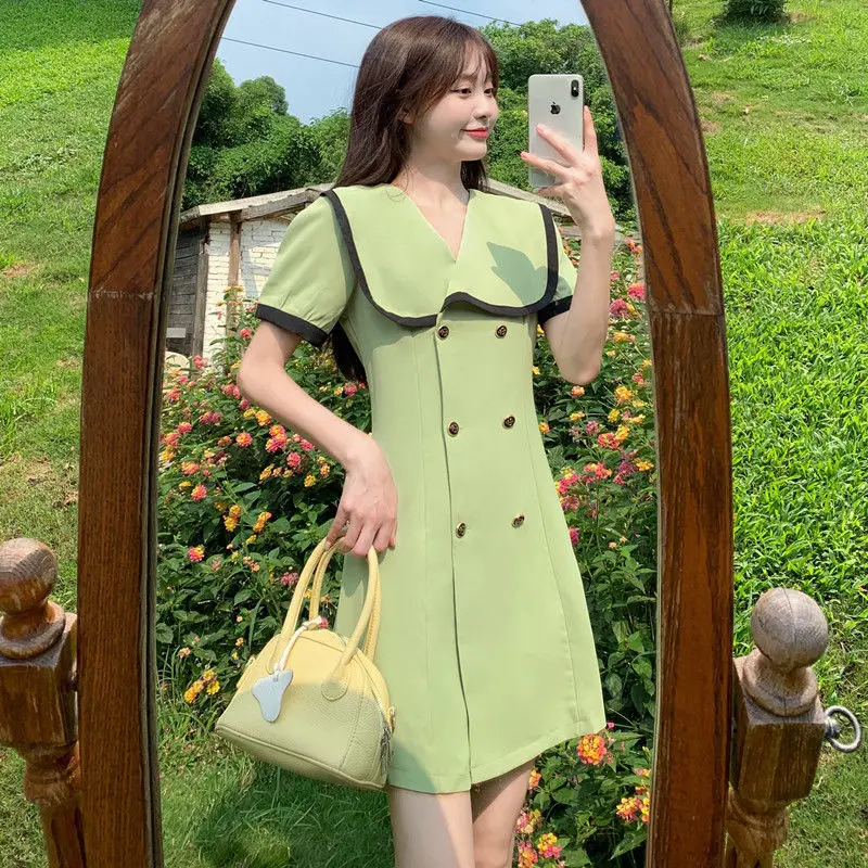 

Plus Size Women's 2022 Summer New Retro College Style Navy Collar Contrast Color Double-Breasted Age-Reducing Suit Dress