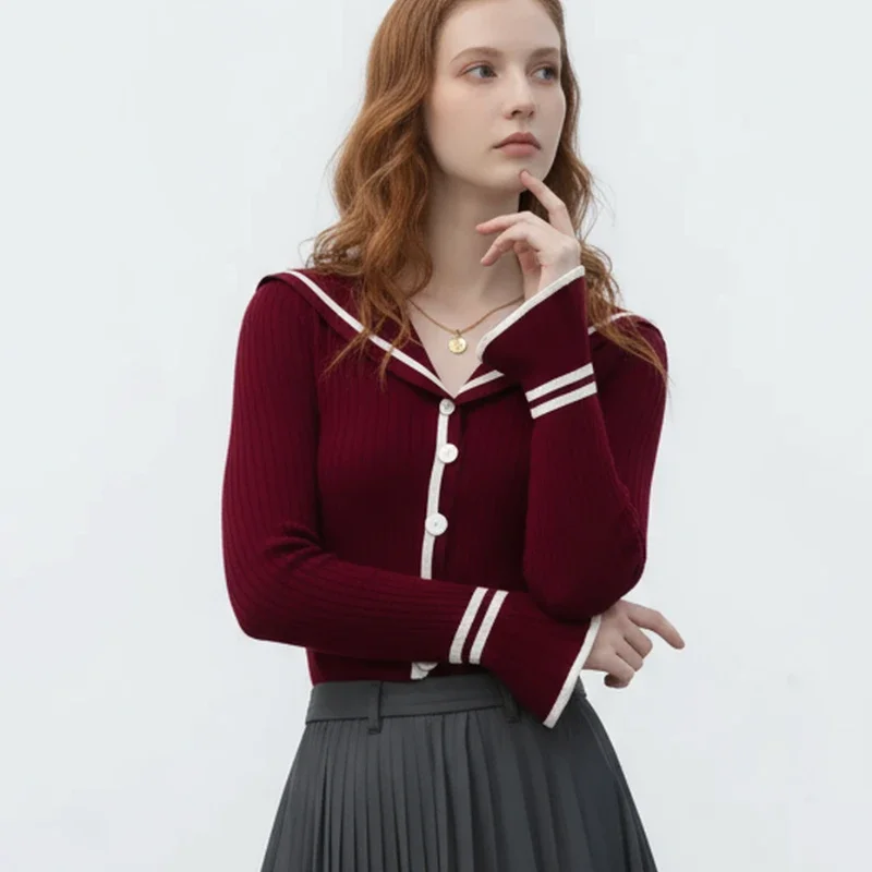 2025 Fall Winter Navy Neck V-Neck Women's Slim-fit Long Sleeve Sweater New Elegant Women's Knitwear Cardigan Top