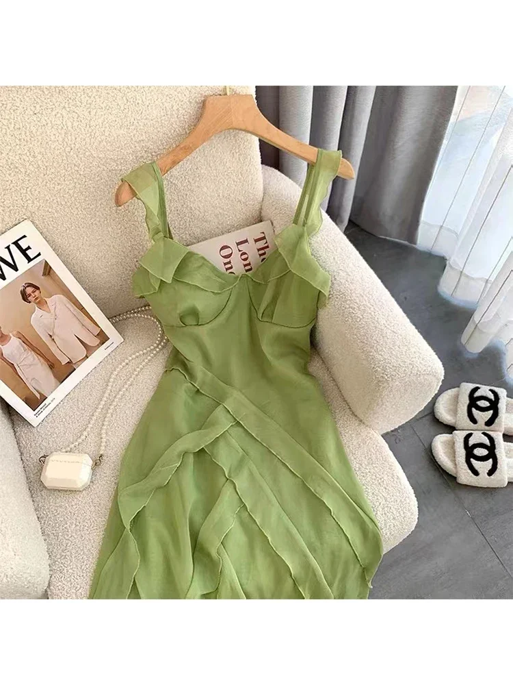 2023 Summer Women Sexy Backless V-Neck Green Suspender Dresses Spring  French Elegant Party Princess Dresses Female Clothes - AliExpress 200000345