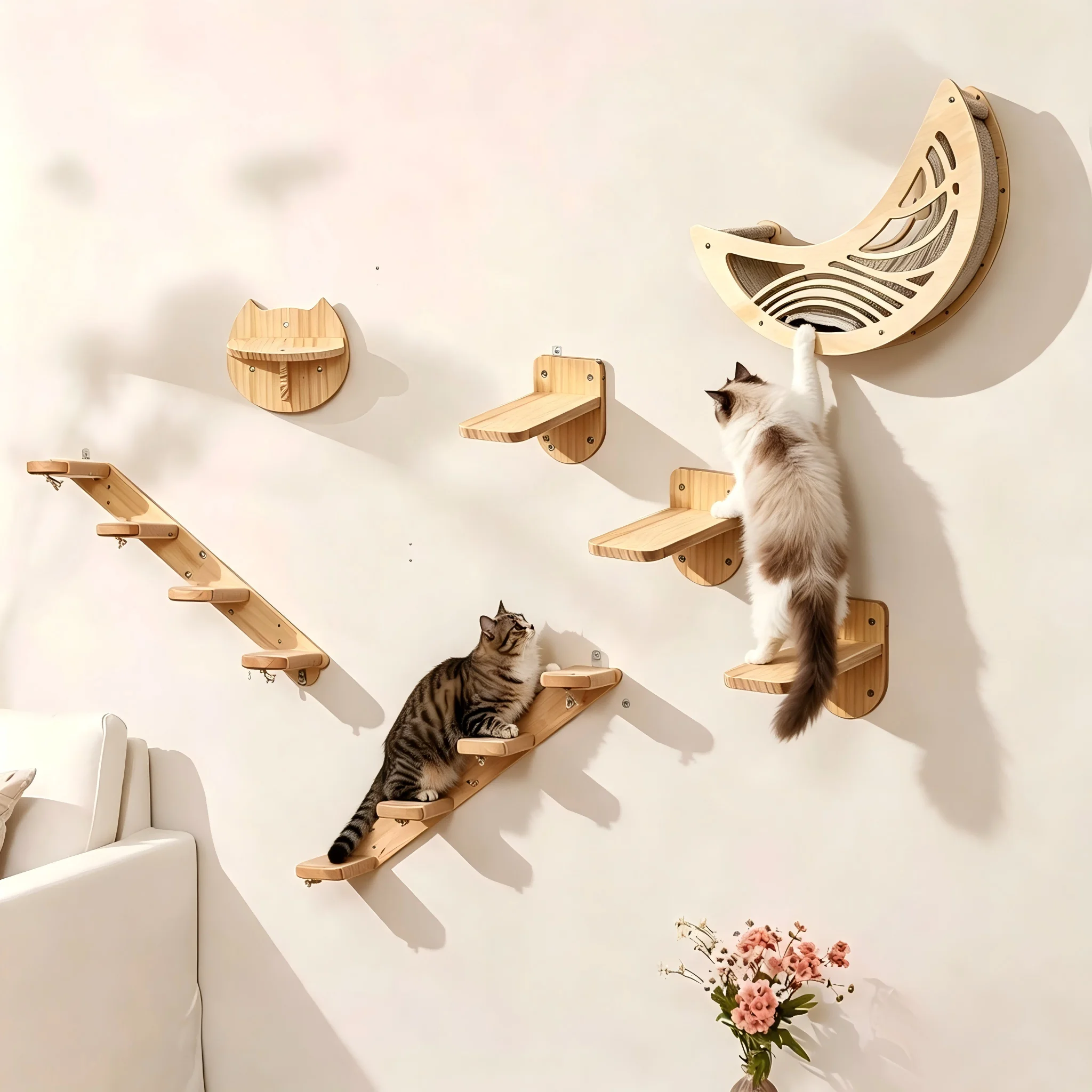 Wall Mounted Cat Shelves Set Moon Shape Hammock Star Perches Climbing Steps Cat Furniture For Kitten Cats Indoor Rest Playing Sleeping
