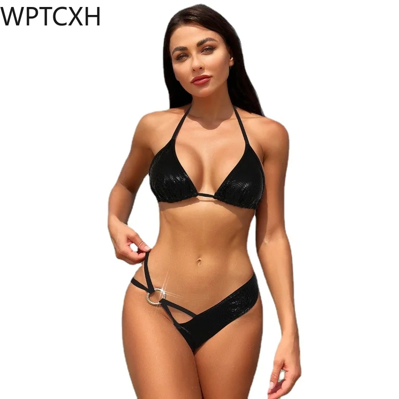 

Sexy Ladies Backless Triangle Bikini Set for Woman 2024 Halter Strap Printing Swimwear 2 Pieces Beach Lace-up Bathing Suit