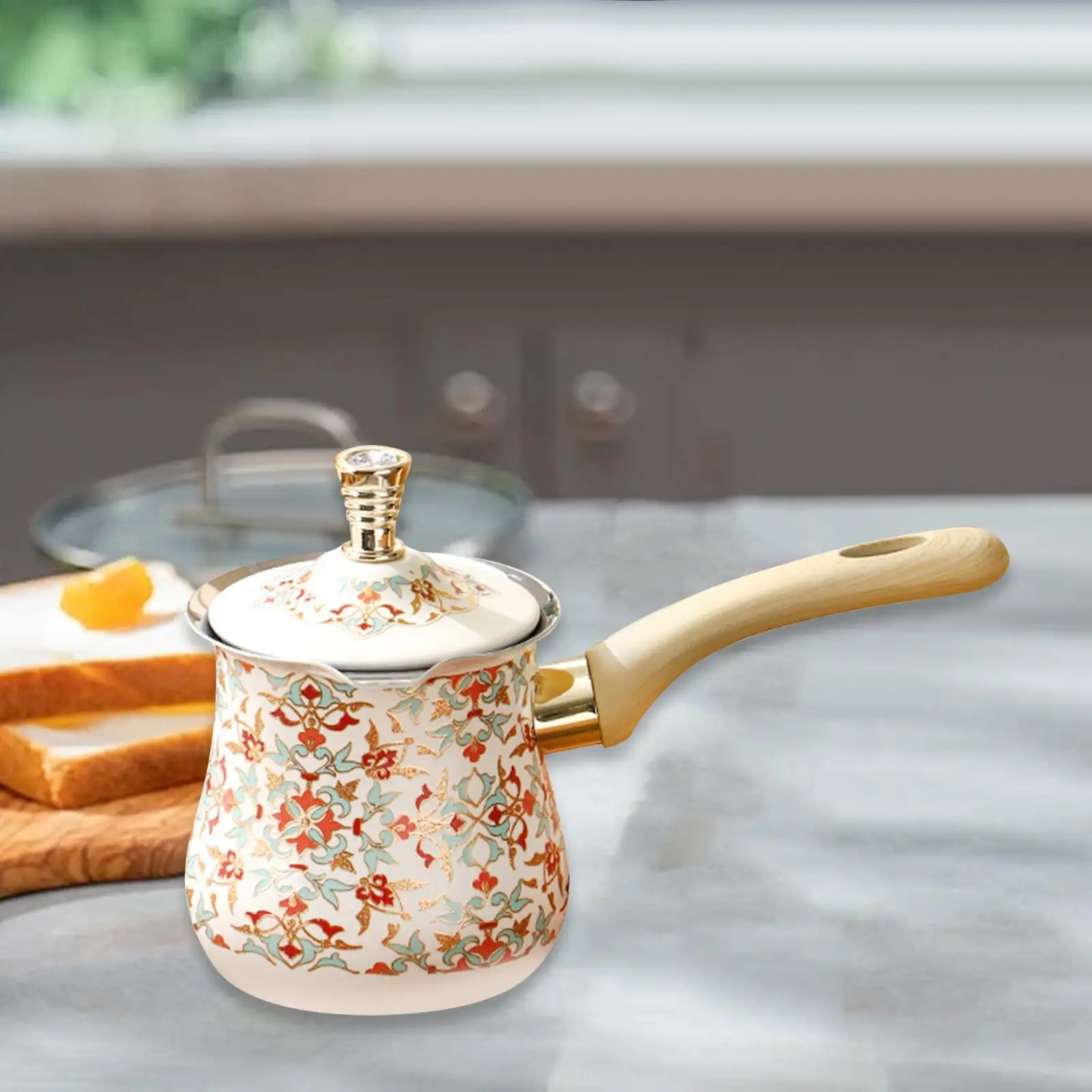 Turkish Coffee Pot With Long Wooden With Lid Arabic Heavy Duty 550/720Ml