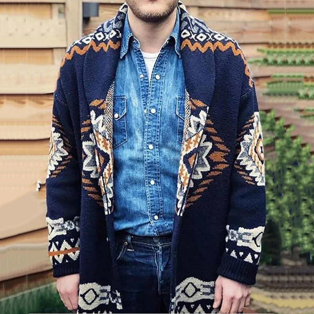 

Mens Fashion Casual Retro Totem Long-Sleeved Jacquard Knitted Jacket Autumn And Winter Loose Lapel Cardigan Sweater