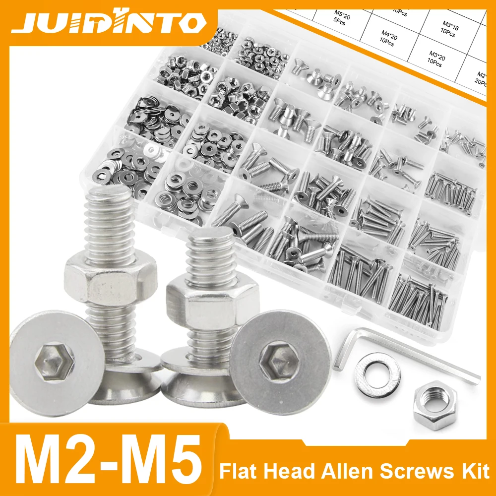 

JUIDINTO Flat Head Hex Socket Head Cap Screw Assortment Kit M2 M2.5 M3 M4 M5 Stainless Steel Screw Nut Washer Set with Hex Key