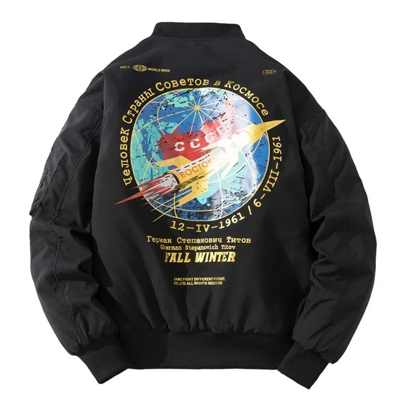 

Winter Bomber Jacket Men Fashion Pilot Rocket Print Baseball Coat Casual Youth Streetwear Outerwear Mens Clothing 2023