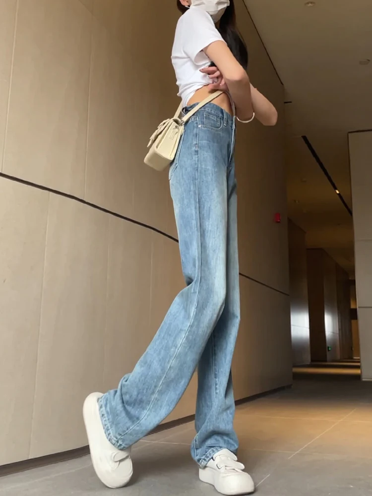 Women's Chic Straight Loose Jeans Lady Spring Summer Casual High Waist Vintage Blue Full Length Jeans
