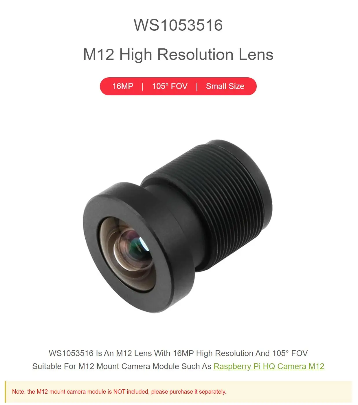 M12 High Resolution Lens 16MP 105° FOV 3.56mm Focal Length Compatible with Raspberry Pi High Quality Camera M12 3