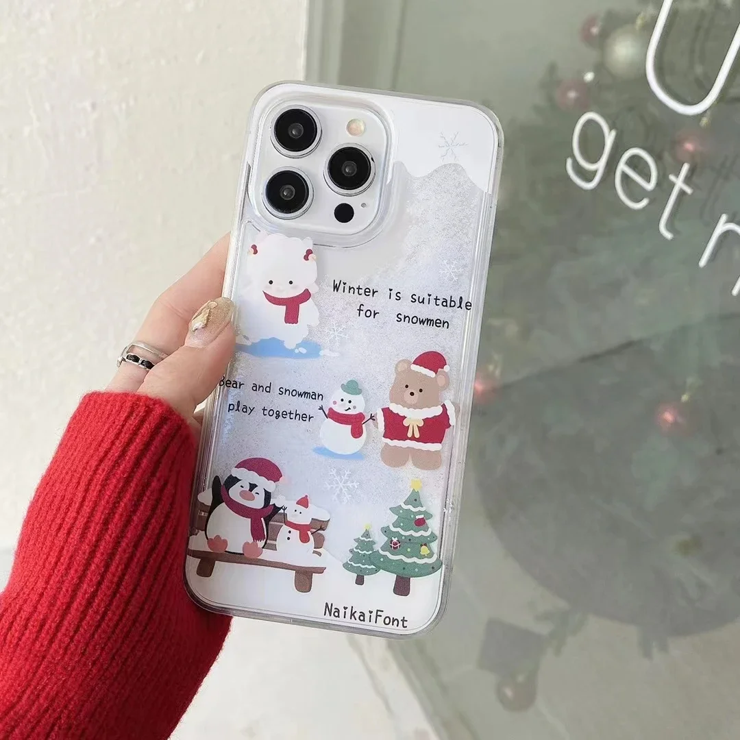 

Christmas snowmen bear Glitter Case For iphone 11 12 13 14 15 pro max Quicksand Dynamic snowflake Cover For iphone 15 Plus case