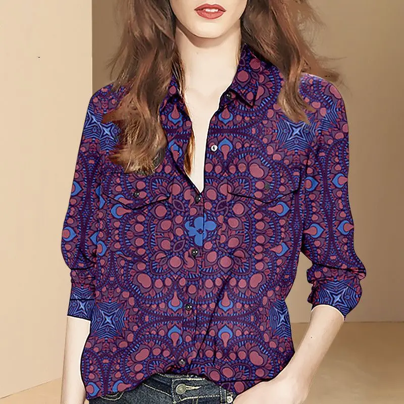 2023 Autumn Women's New Fashion High Street Retro Style Printed Shirt with Polo Collar Fashion Long Sleeve Versatile Shirt