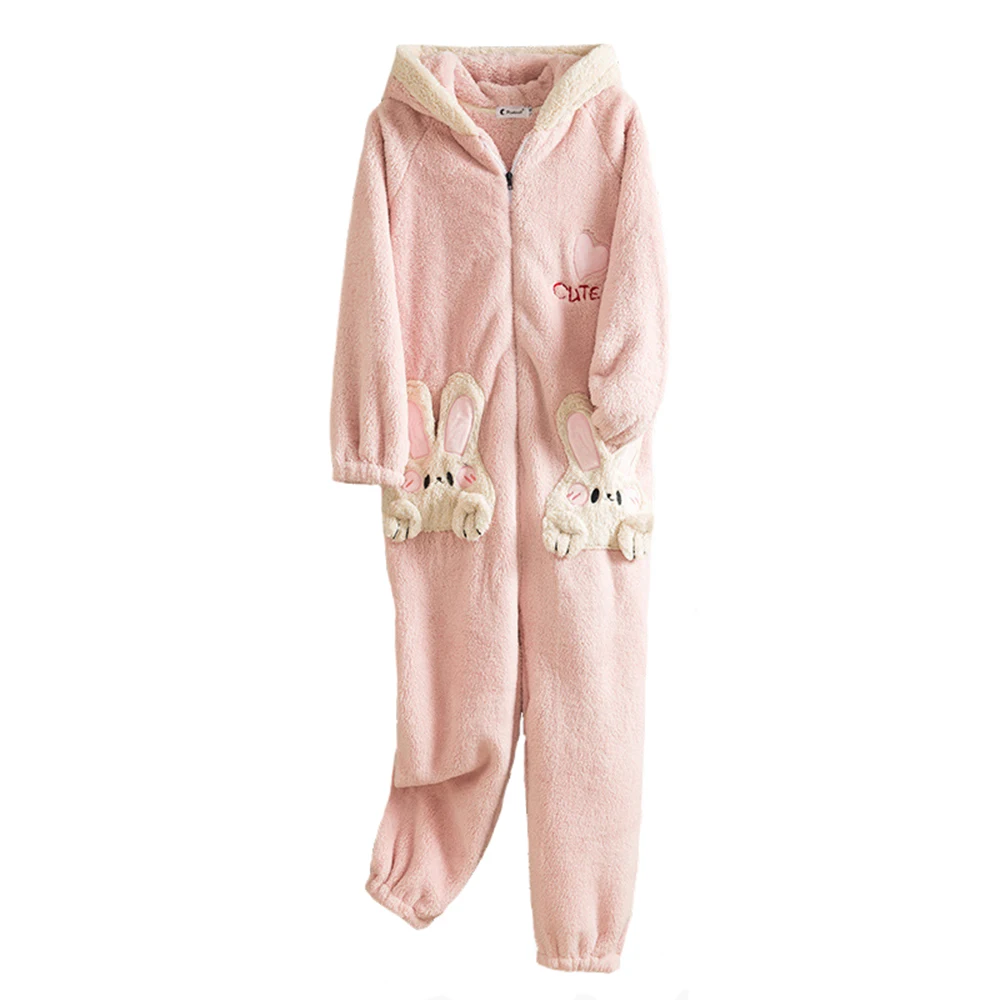 

Girls' Flannel Warm Pajamas Sweet Cute Cartoon Rabbit Hooded Onesie Sleepwear Animal One-piece Homewear Women Jumpsuit Nightgown