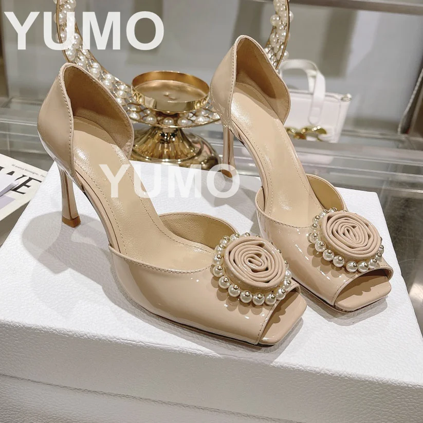 

Square Open Toe Patent Leather Shallow Slip On Thin High Heels Flowers Outdoor Sweet Dress Party Runway Solid Stiletto Luxury