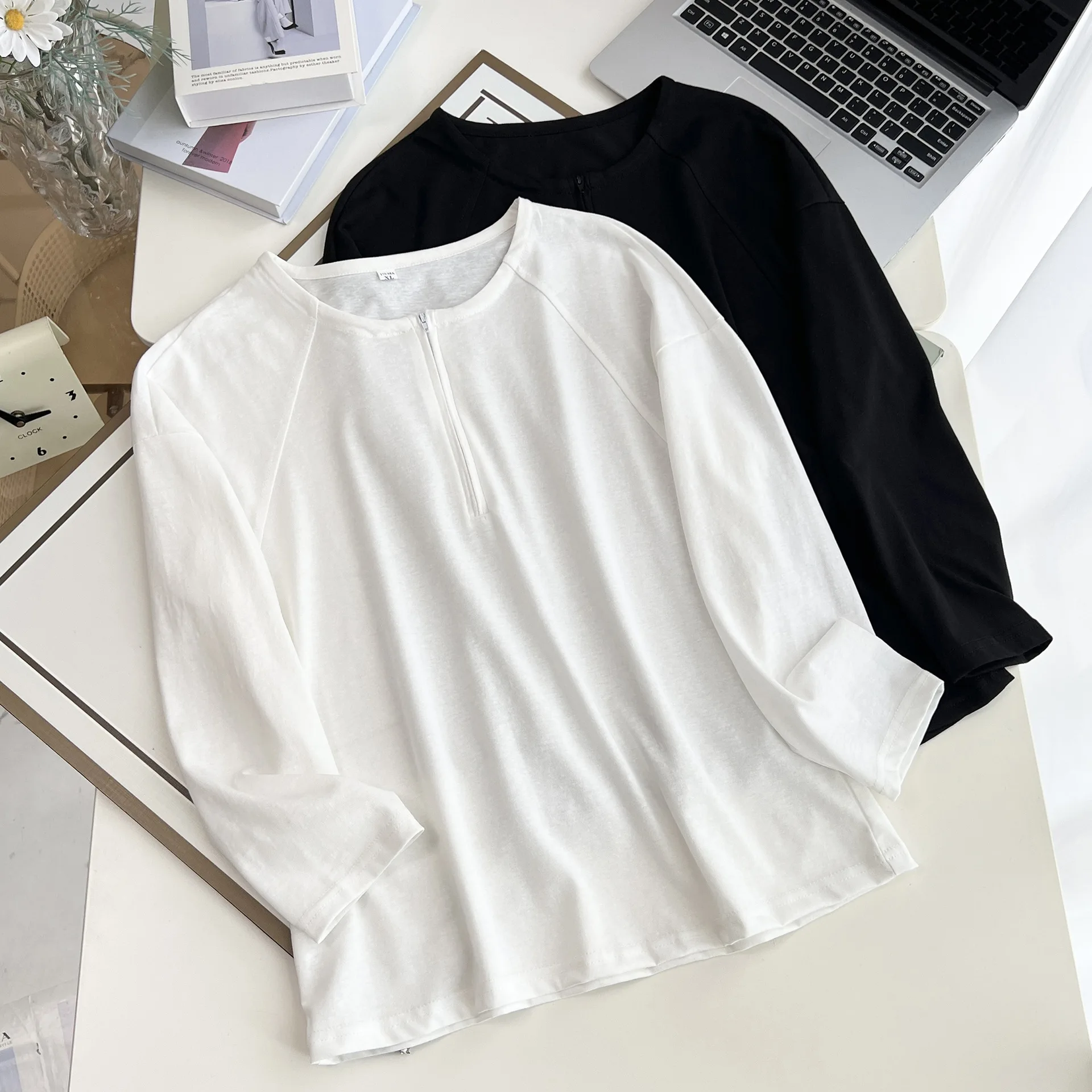 Fashion Plus Size Women's T-Shirt 2025 Autumn New Dotted Zipper semi-open Collar Snowflake Cotton Long Sleeve Tops 325