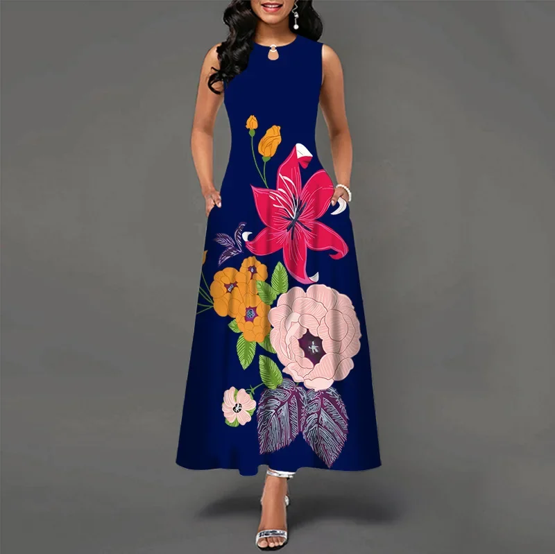 thumbnail image 1 of Vestido largo informal sin mangas con estampado de flores para mujer, cuello en V, estilo bohemio retro, 1 of 5