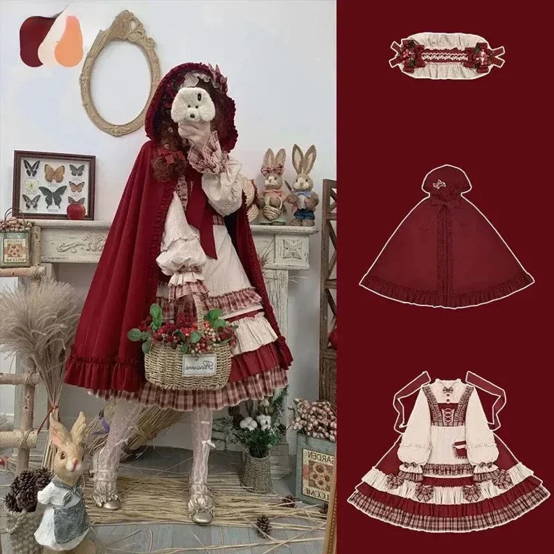 

XL Lolita Skirt Op Vintage Little Red Riding Hood Cloak Long Sleeve Japanese Kawaii Lolita Gothic Dress Fairy Harajuku Y2k Dress