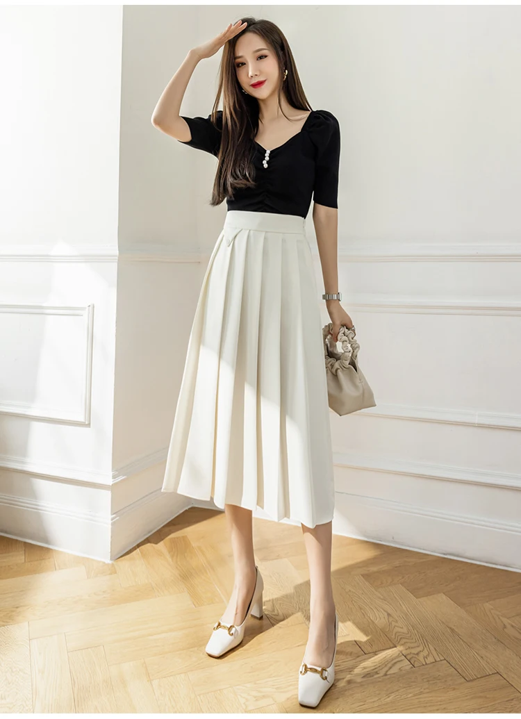 2022 Spring Summer Women's Elegant Pleated Suit Skirts High Waist Fashion Office Ladies Elastic Waist A-line Midi Skirt Vintage brown skirt