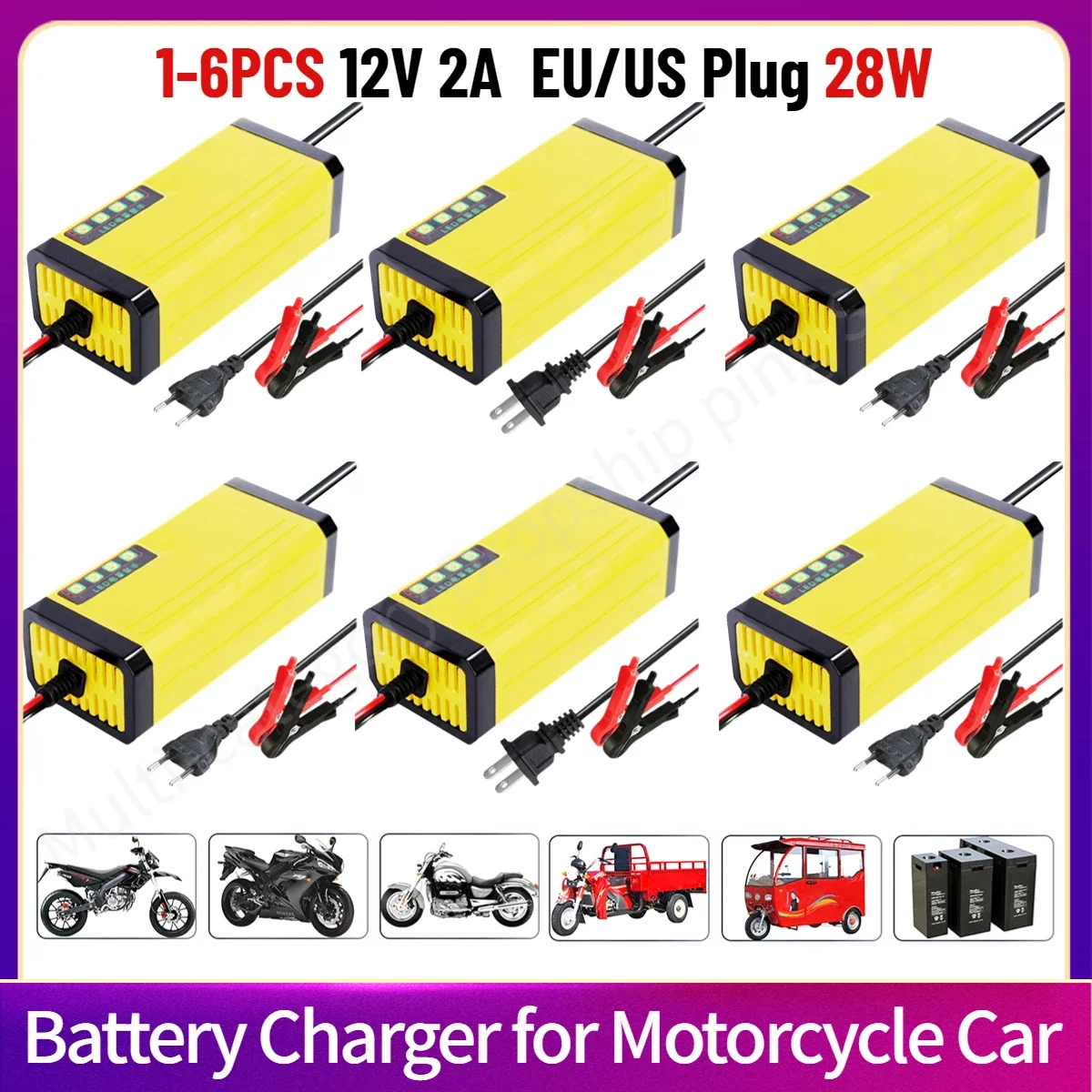 1-6PCS 12V 2A Car Battery Power Charger with Led Display Intelligent 28W Motorcycle Battery Charger for Automotive Truck Moto