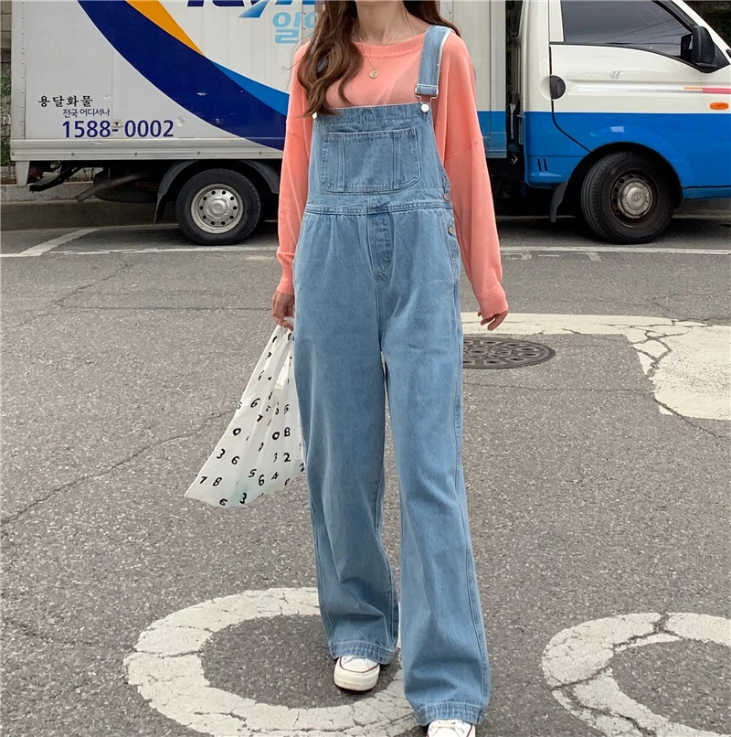 Summer denim work clothes Female denim jumpsuit Korean-style loose straight wide leg jeans suspenders leather pants