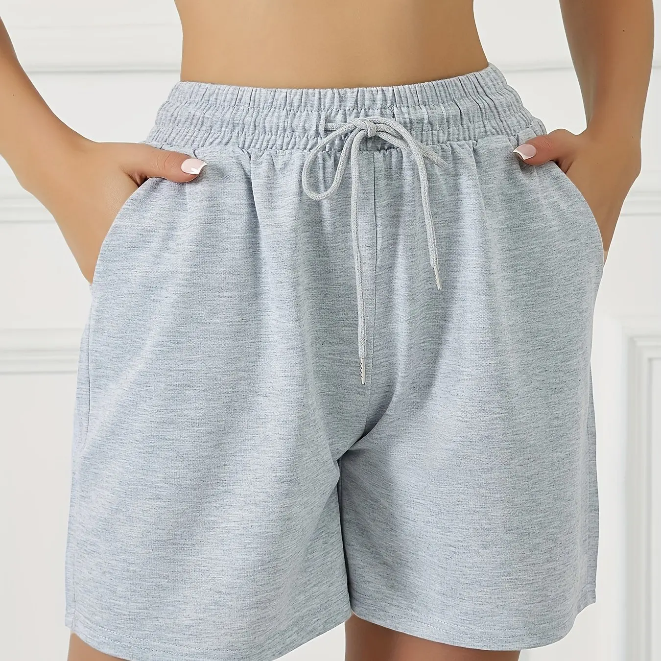 Ladies' Front Pocket Waist Drawstring Sports Pants for Casual Running and Exercise, Pure Cotton Shorts 1