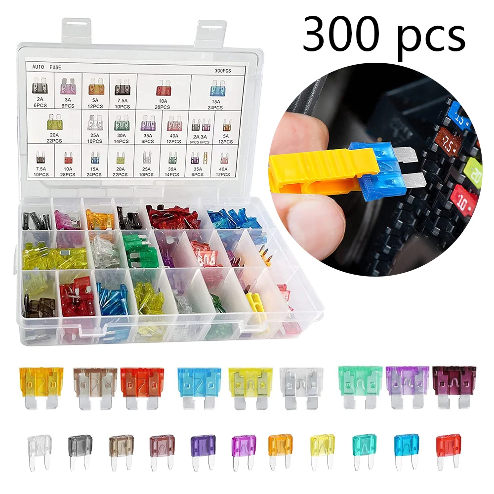 Car Fuses Kit 300pcs Replacement for Car/RV/Truck/Motorcycle (2Amp 3A 5A 7.5A 10A 15A 20A 25A 30A 35A 40A) car fuses kit,circuit adapters and fuse set,glass fuse kit