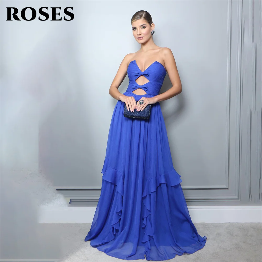 

ROSES Royal Blue Chic Woman Evening Dress Gown Chiffion Beach Ball Gown V Neck Tiered Night Dresses Gown Custom robes de soirée