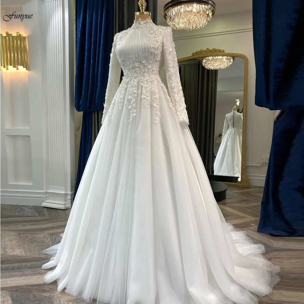 

Funyue Elegant Muslim Wedding Gown for Bride 2023 Appliques Flowers Arabic Dubai Long Sleeves Bridal Dress Tulle Robe De Mariage