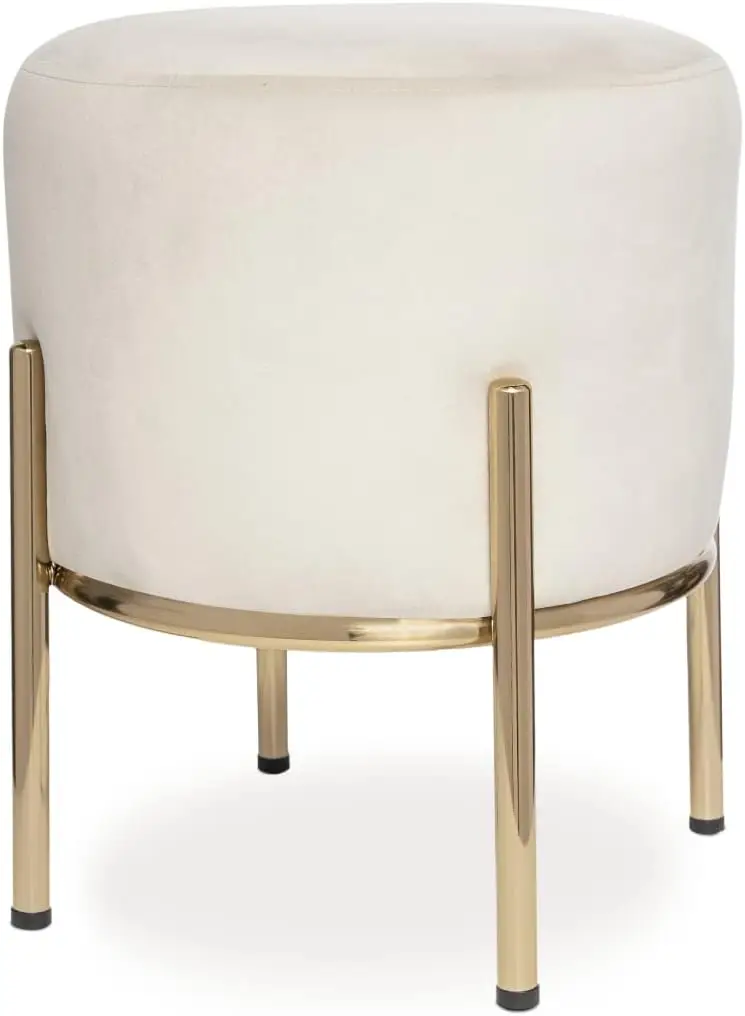 

Round Ottoman, Ivory Velvet Cushion with Gold Metal Legs, Use as a Vanity Chair Stool or Footrest - 14x17 inches