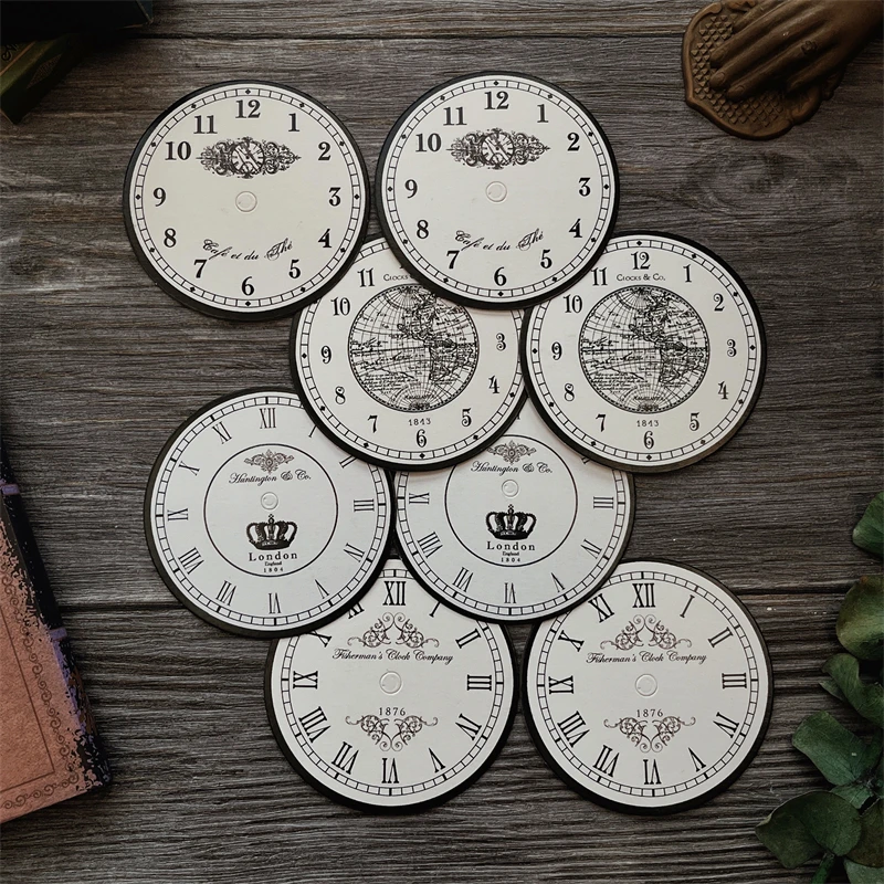 8Pcs Junk Journal Vintage European Map Clock Dial Photo Card Tn Diy Scrapbooking Collage Gift Decoration Material